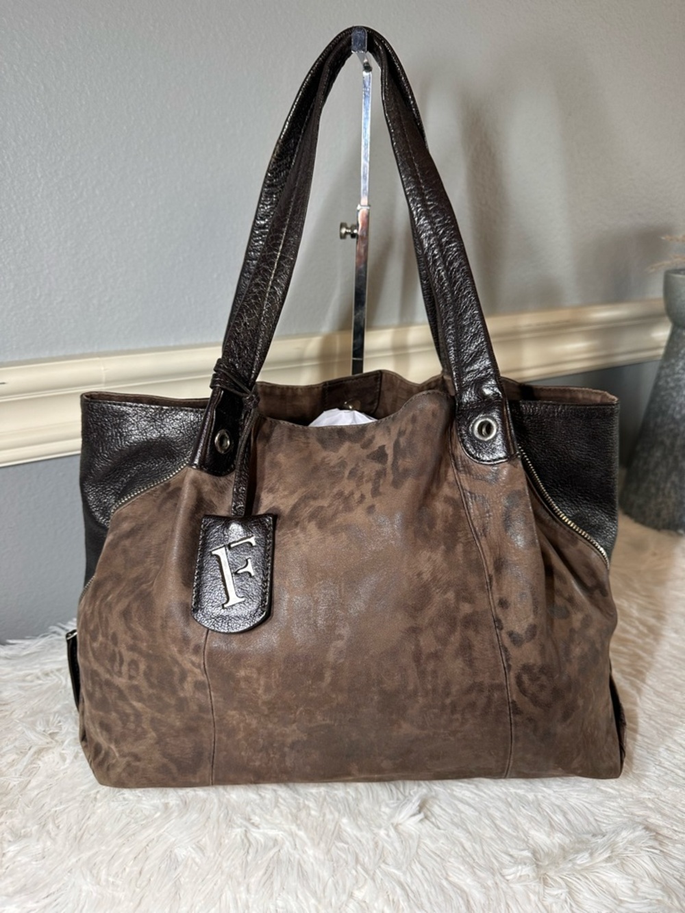 FURLA Brown Leather Animal Print Bag with Dark Brown Accents Adjustable Gussets
